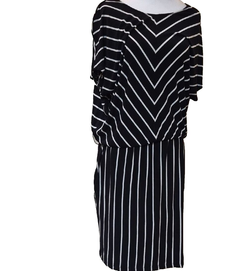 Ava & Viv Striped Dress Womens 1X 14W Black White Asymmetrical High-Low Midi